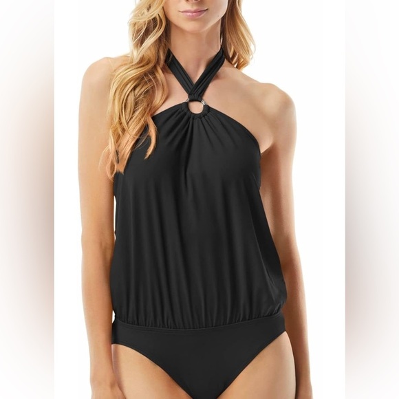 Michael Kors swimsuit Ring Trim Halter Blouson Onewith Hidden U Wire Black 16 - Picture 1 of 5